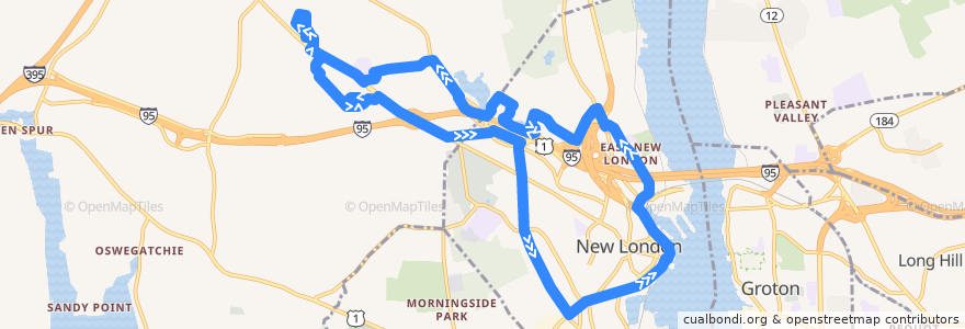 Mapa del recorrido SEAT Run 14 de la línea  en New London County.