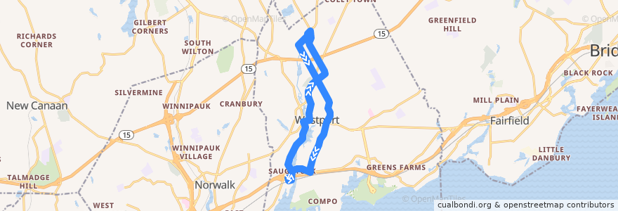 Mapa del recorrido NTD Westport S3 de la línea  en Fairfield County.