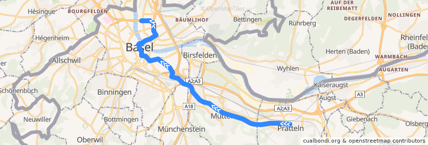 Mapa del recorrido Tram 14: Pratteln => Dreirosenbrücke de la línea  en Svizzera.