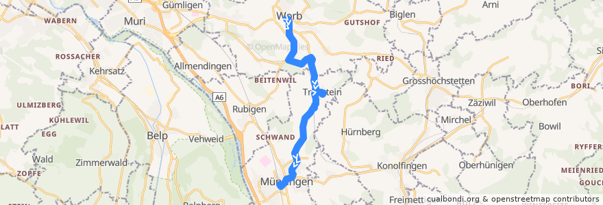 Mapa del recorrido Bus 168: Worb Dorf Bahnhof => Münsingen Bahnhof [via Trimstein, Dorf] de la línea  en Arrondissement administratif de Berne-Mittelland.