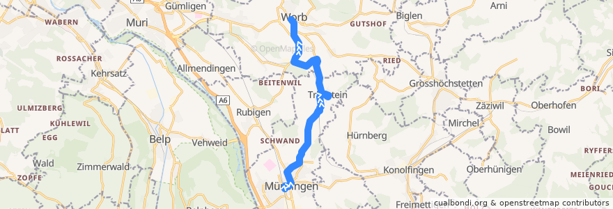 Mapa del recorrido Bus 168: Münsingen Bahnhof => Worb Dorf Bahnhof [via Trimstein Dorf] de la línea  en Verwaltungskreis Bern-Mittelland.