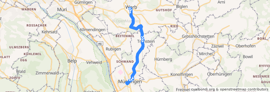 Mapa del recorrido Bus 168: Worb Dorf Bahnhof => Münsingen Bahnhof de la línea  en Arrondissement administratif de Berne-Mittelland.