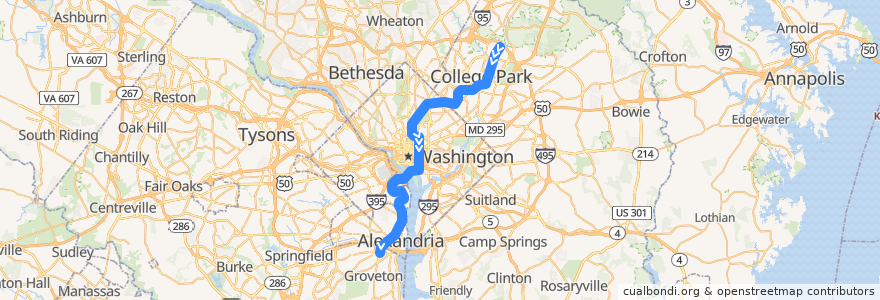 Mapa del recorrido WMATA Yellow Line: Greenbelt → Huntington de la línea  en Stati Uniti d'America.