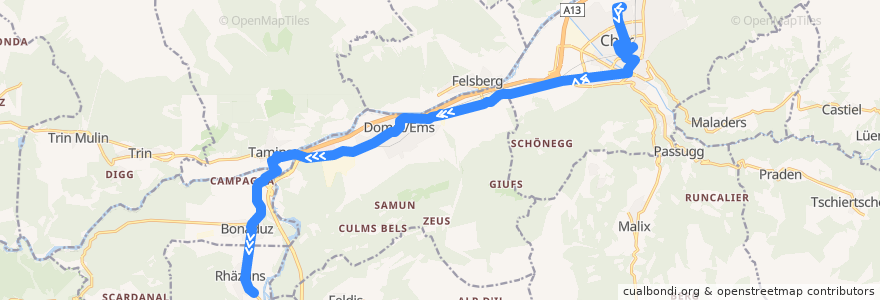 Mapa del recorrido 1: Lachen - Rhäzüns de la línea  en Graubünden/Grischun/Grigioni.