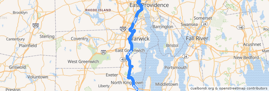 Mapa del recorrido RIPTA 14 West Bay to Kennedy Plaza (from Route 1A & 138 Park-n-Ride) de la línea  en Rhode Island.