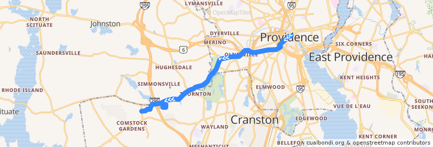 Mapa del recorrido RIPTA 19 Plainfield/Westminster to Cranston Industrial Park de la línea  en Providence County.