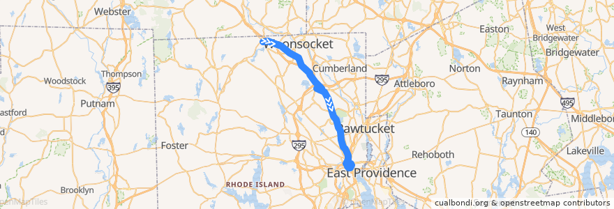 Mapa del recorrido RIPTA 59x North Smithfield/Lincoln Mall to Turk's Head de la línea  en Providence County.