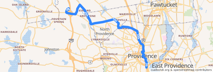 Mapa del recorrido RIPTA 58 Mineral Spring/North Providence to Rhode Island Hospital (from Smithfield Crossings) de la línea  en Providence County.