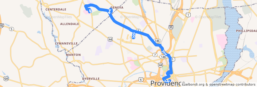 Mapa del recorrido RIPTA 55 Admiral/Providence College to Kennedy Plaza de la línea  en Providence County.