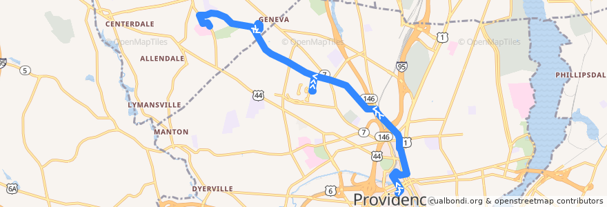 Mapa del recorrido RIPTA 55 Admiral/Providence College to Fatima Hospital de la línea  en Providence County.