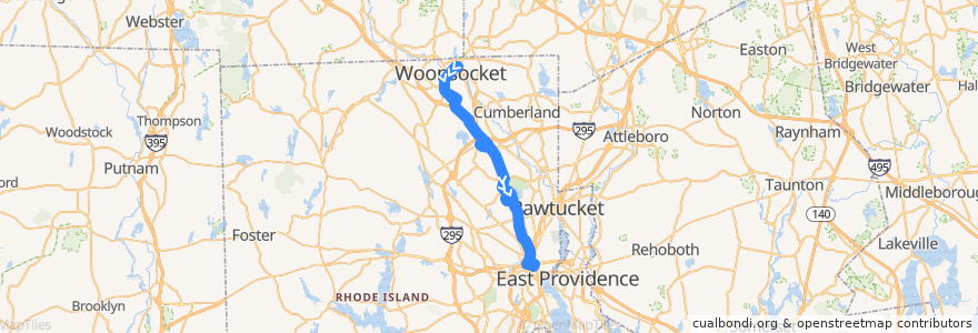 Mapa del recorrido RIPTA 54 Lincoln/Woonsocket to Kennedy Plaza de la línea  en Providence County.