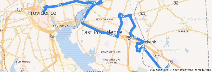 Mapa del recorrido RIPTA 34 East Providence to Kennedy Plaza de la línea  en Providence County.