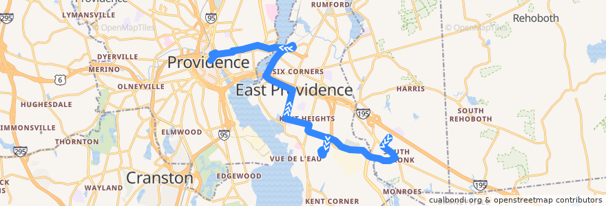 Mapa del recorrido RIPTA 32 East Providence/Wampanoag to Kennedy Plaza de la línea  en Providence County.