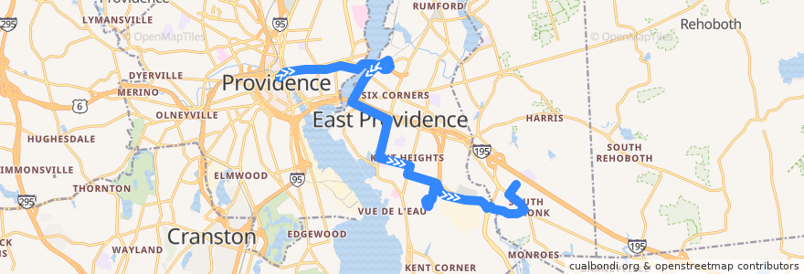 Mapa del recorrido RIPTA 32 East Providence/Wampanoag to Seekonk Square de la línea  en Providence County.
