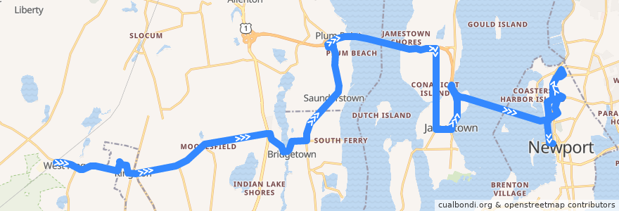 Mapa del recorrido RIPTA 64 Newport/URI Kingston to Newport Gateway Center de la línea  en Rhode Island.