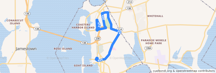 Mapa del recorrido RIPTA 63 Broadway/Middletown Shops to Newport Gateway Center (from Newport Towne Center) de la línea  en Newport County.