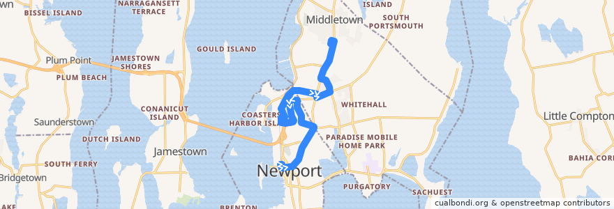 Mapa del recorrido RIPTA 63 Broadway/Middletown Shops to Stop & Shop West Main de la línea  en Newport County.