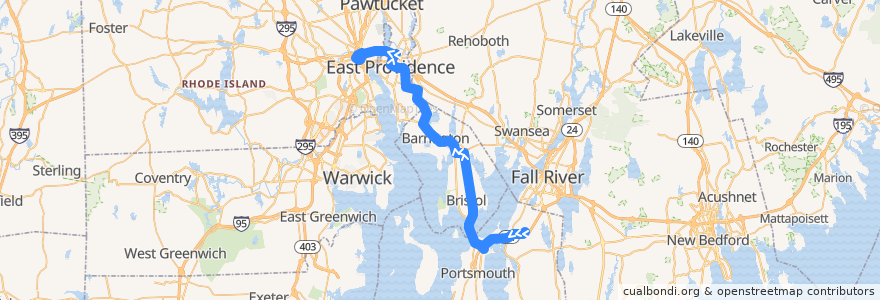 Mapa del recorrido RIPTA 61x Tiverton/East Bay Park-n-Ride to Turk's Head de la línea  en Rhode Island.
