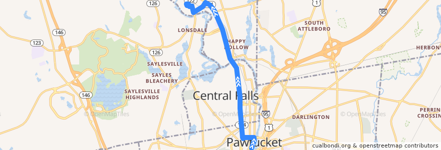 Mapa del recorrido RIPTA 71 Broad Street to Stop & Shop Mendon Road (from Pawtucket Slater Mill) de la línea  en Providence County.