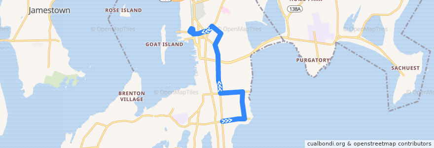 Mapa del recorrido RIPTA 67 Bellevue/Salve Regina University to Newport Gateway Center (summer route from Bellevue & Ruggles) de la línea  en Newport.