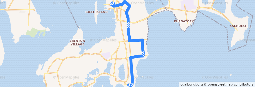 Mapa del recorrido RIPTA 67 Bellevue/Salve Regina University to Newport Gateway Center (summer route from Bellevue & Ledge) de la línea  en Newport.