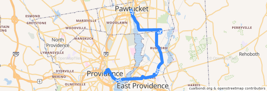 Mapa del recorrido RIPTA 78 Beverage Hill Avenue/East Providence to Kennedy Plaza de la línea  en Providence County.