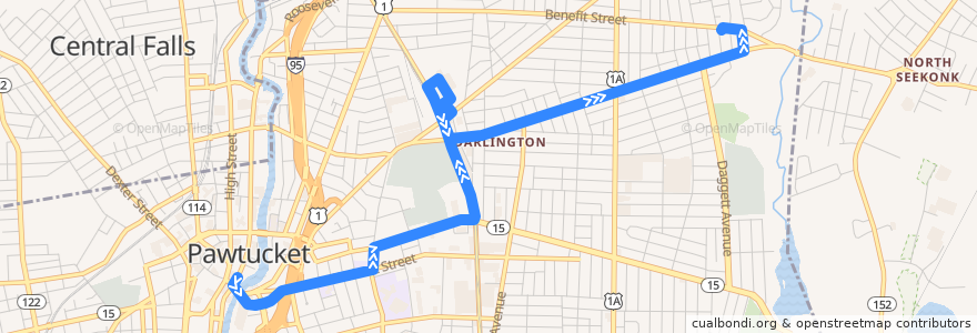 Mapa del recorrido RIPTA 76 Central Avenue to Benefit & Thurber de la línea  en Pawtucket.