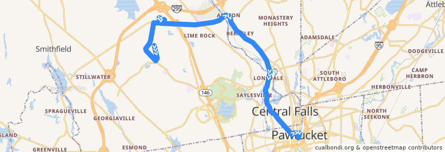 Mapa del recorrido RIPTA 75 Dexter Street to Pawtucket Transit Center (from North Central Industrial Park) de la línea  en Providence County.