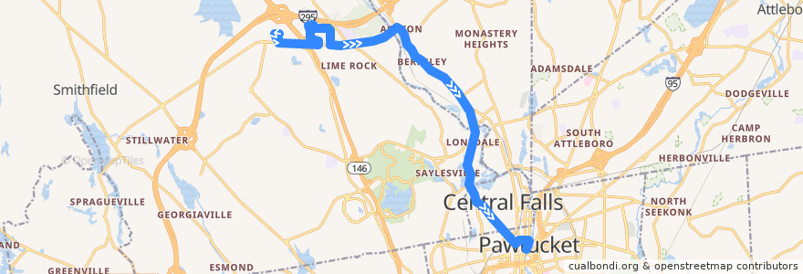 Mapa del recorrido RIPTA 75 Dexter Street to Pawtucket Transit Center (from Lincoln Mall via Amica Insurance) de la línea  en Providence County.