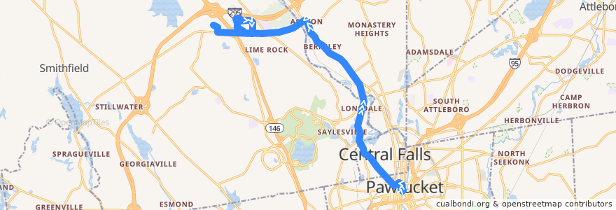 Mapa del recorrido RIPTA 75 Dexter Street to Lincoln Mall (via Amica Insurance) de la línea  en Providence County.