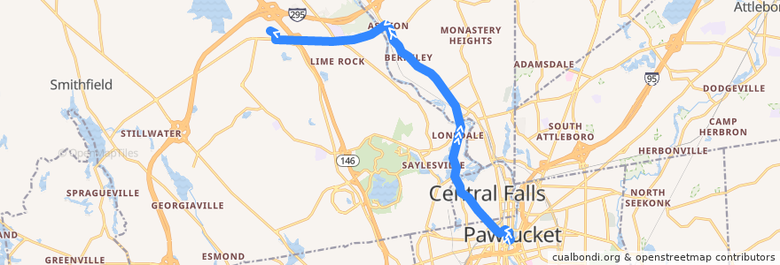 Mapa del recorrido RIPTA 75 Dexter Street to Lincoln Mall de la línea  en Providence County.