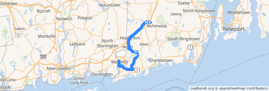 Mapa del recorrido RIPTA 301 Westerly/Hope Valley Rural Ride to Westerly Train Station de la línea  en Washington County.