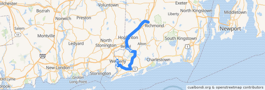 Mapa del recorrido RIPTA 301 Westerly/Hope Valley Rural Ride to Stilson Road/Stop & Shop de la línea  en Washington County.