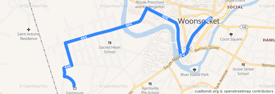 Mapa del recorrido RIPTA 87 Fairmount/Walnut Hill to Memorial & Bourdon (from Main Street) de la línea  en Woonsocket.