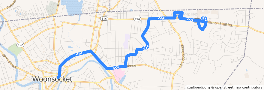 Mapa del recorrido RIPTA 87 Fairmount/Walnut Hill to Main Street (from Price Rite Diamond Hill) de la línea  en Woonsocket.
