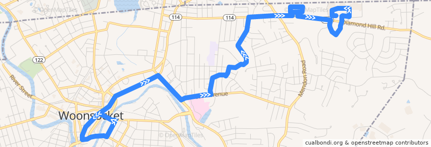 Mapa del recorrido RIPTA 87 Fairmount/Walnut Hill to Price Rite Diamond Hill (from Main Street) de la línea  en Woonsocket.