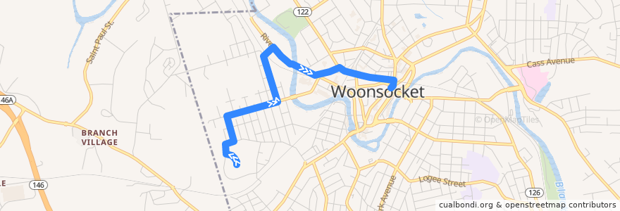 Mapa del recorrido RIPTA 87 Fairmount/Walnut Hill to Main Street (from Memorial & Bourdon) de la línea  en Woonsocket.