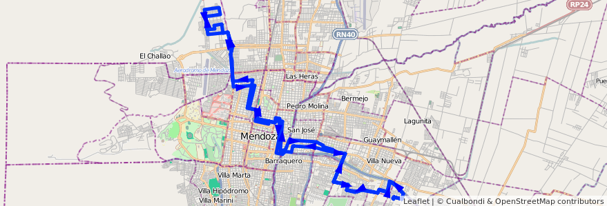 Mapa del recorrido 92 - Barrio Municipal - Hospital Notti - 9 de Julio (domingos y feriados) de la línea G07 en Mendoza.