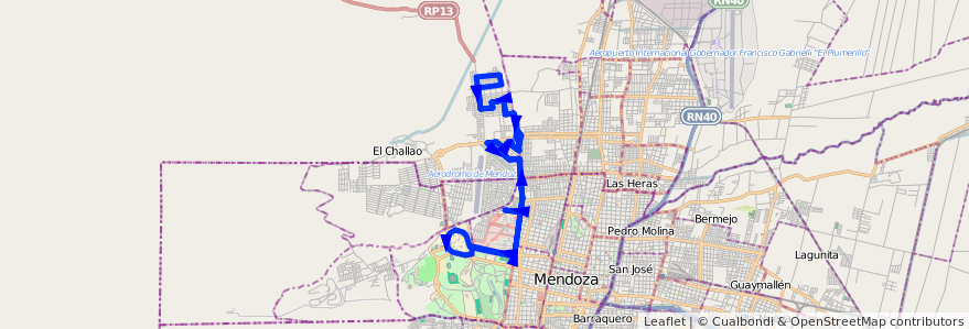 Mapa del recorrido 92 - Bº Municipal - Bº infanta - Hospital Lagomaggire - U.N.C. de la línea G07 en Мендоса.