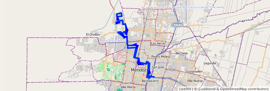 Mapa del recorrido 92 - Bº Municipal - Bº Infanta - Servicio Nocturno - Sólo días sábados de la línea G07 en Mendoza.