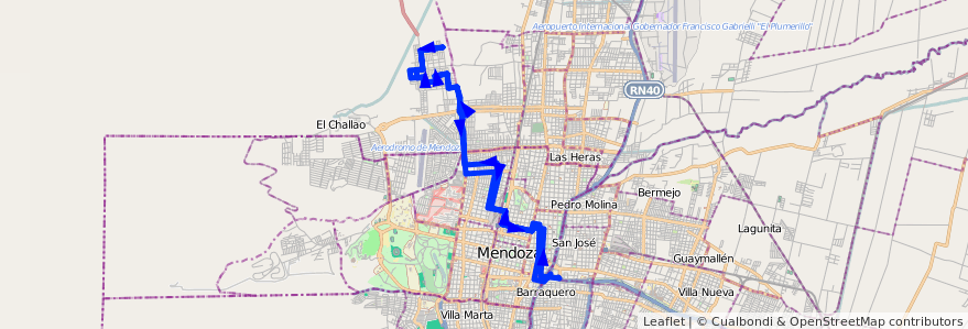 Mapa del recorrido 92 - Bº Municipal - Bº Los Peluqueros de la línea G07 en Mendoza.