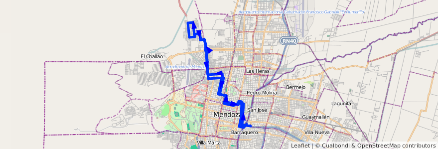 Mapa del recorrido 92 - Bº Municipal de la línea G07 en Mendoza.