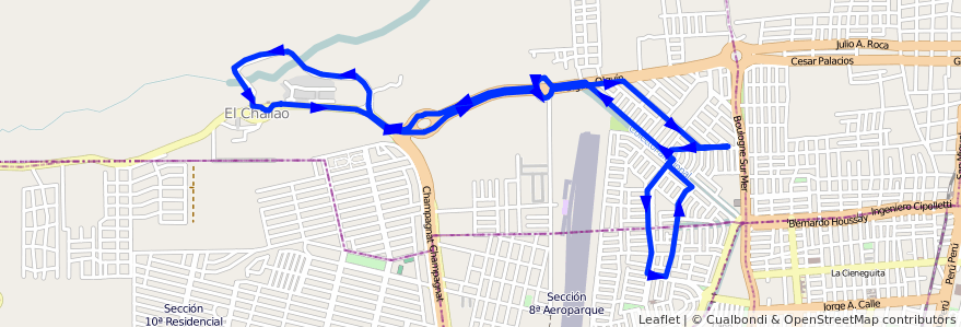 Mapa del recorrido 92 - Escuela Champagnat de la línea G07 en Distrito El Challao.