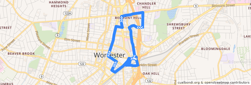 Mapa del recorrido WRTA 40 de la línea  en Worcester.