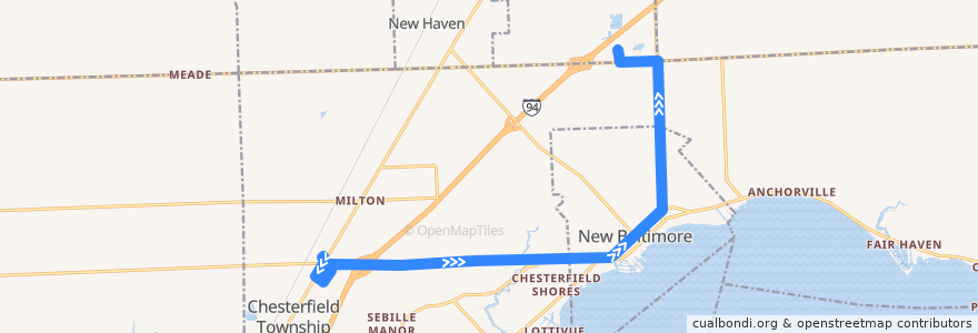Mapa del recorrido 567 EB: Chesterfield Meijer => Lenox Meijer de la línea  en Macomb County.
