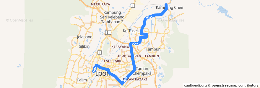 Mapa del recorrido T32 Stesen Bas Medan Kidd – Tanjong Rambutan via Bercham (outbound) de la línea  en 霹雳州.