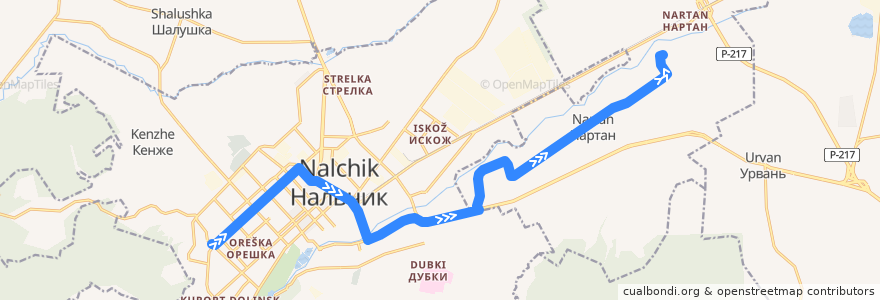 Mapa del recorrido Электробус 1Н: Горная → Нартан de la línea  en Kabardino-Balkarie.