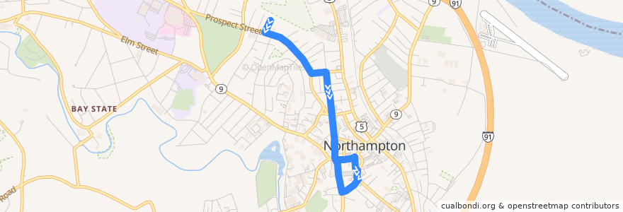 Mapa del recorrido PVTA S de la línea  en Northampton.