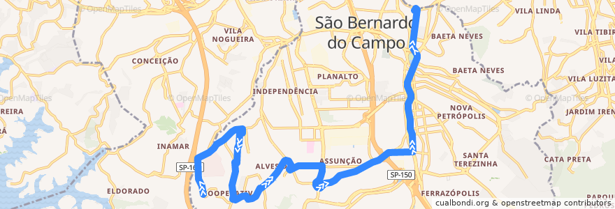 Mapa del recorrido 07E: Cooperativa => Paço (Via Estrada) de la línea  en São Bernardo do Campo.