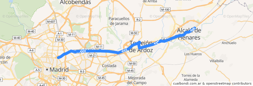 Mapa del recorrido Bus 223: Alcalá de Henares → Torrejón de Ardoz → Madrid (Avenida de América) de la línea  en Communauté de Madrid.